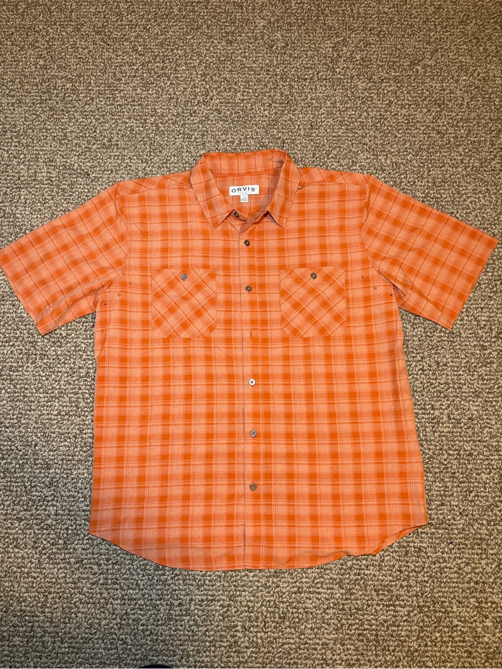 Orvis Orange Plaid Short Sleeve Button-Down Shirt